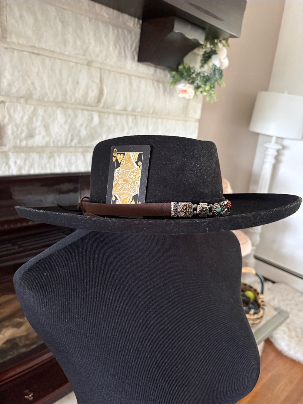 Lack Of Color Black Wide-Brim Fedora with Brown Leather Band and Bead Accents